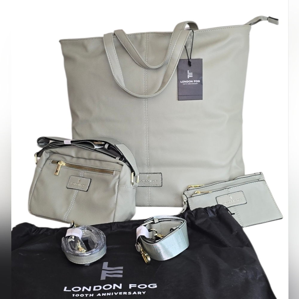 London Fog 4-Piece Tote Set Sage Green Bag + Pouch Crossbody Strap NWT